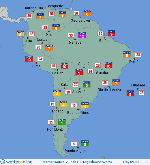 Südamerika: UV-Index-Vorhersage für Dienstag, den 28.11.2023