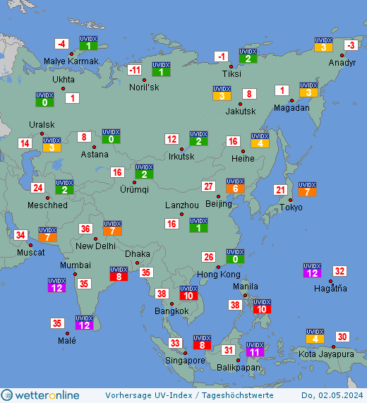 Asien: UV-Index-Vorhersage für Donnerstag, den 29.02.2024