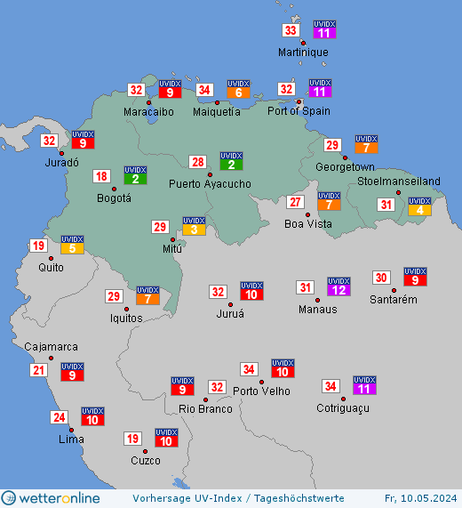 Nördliches Südamerika: UV-Index-Vorhersage für Donnerstag, den 28.03.2024