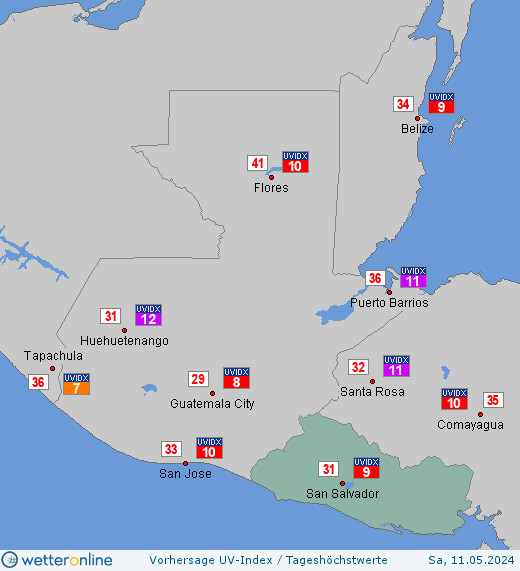 El Salvador: UV-Index-Vorhersage für Donnerstag, den 28.03.2024