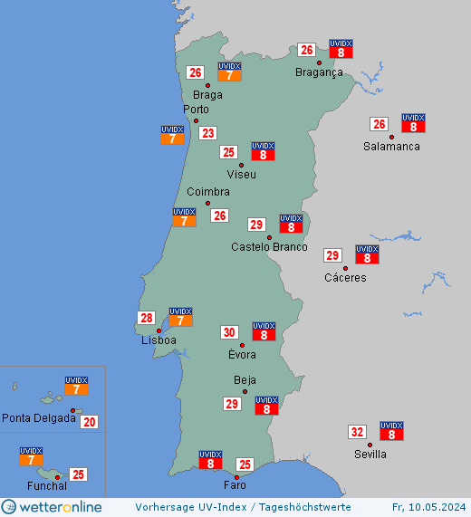 Portugal: UV-Index-Vorhersage für Donnerstag, den 28.03.2024