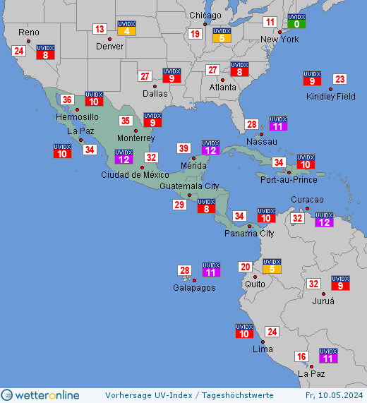 Mittelamerika: UV-Index-Vorhersage für Donnerstag, den 28.03.2024