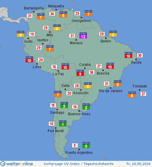 Südamerika: UV-Index-Vorhersage für Donnerstag, den 28.03.2024