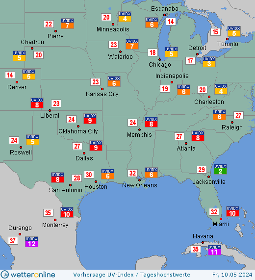 Südstaaten: UV-Index-Vorhersage für Freitag, den 29.03.2024