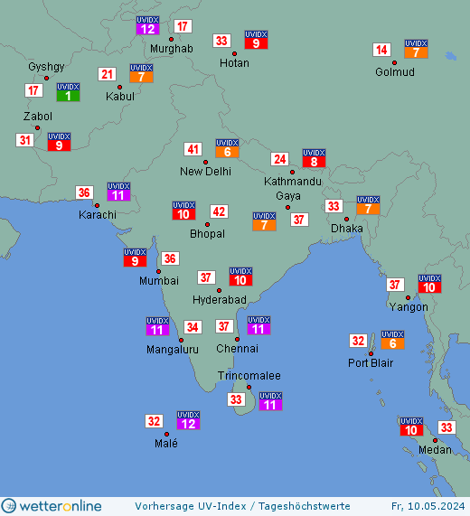 Südasien: UV-Index-Vorhersage für Freitag, den 29.03.2024