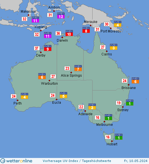 Australien: UV-Index-Vorhersage für Freitag, den 29.03.2024