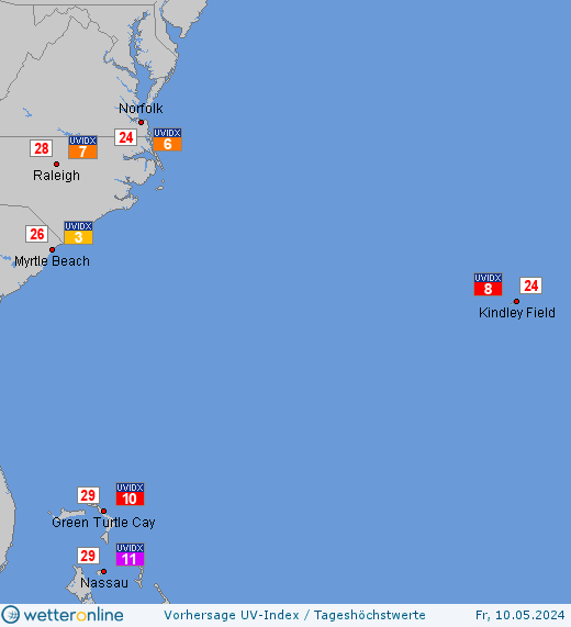 Bermuda: UV-Index-Vorhersage für Freitag, den 29.03.2024