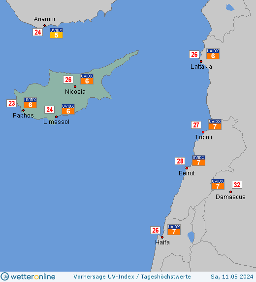 Zypern: UV-Index-Vorhersage für Freitag, den 29.03.2024