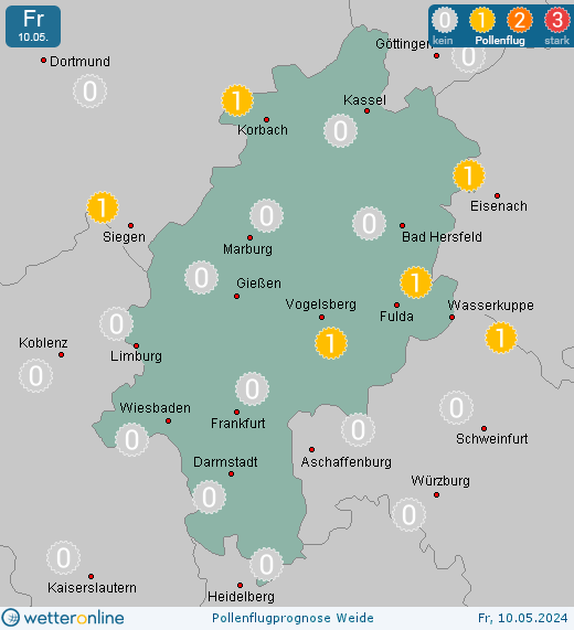 Hessen: Pollenflugvorhersage Weide für Freitag, den 29.03.2024