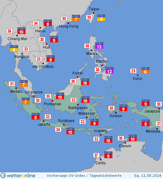 Indonesien: UV-Index-Vorhersage für Freitag, den 29.03.2024