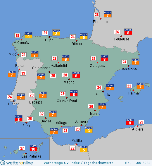 Spanien: UV-Index-Vorhersage für Freitag, den 29.03.2024