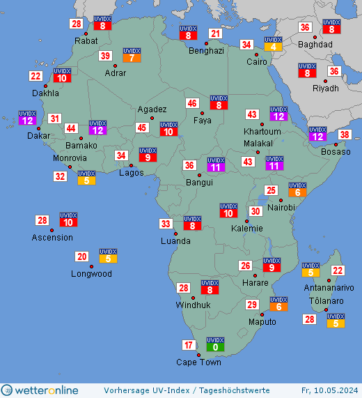 Afrika: UV-Index-Vorhersage für Freitag, den 29.03.2024
