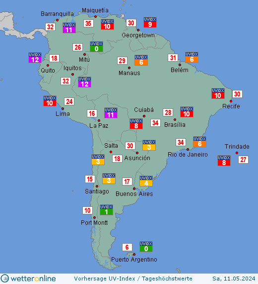 Südamerika: UV-Index-Vorhersage für Freitag, den 29.03.2024