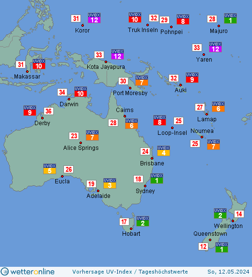 Ozeanien: UV-Index-Vorhersage für Dienstag, den 16.04.2024