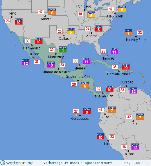 Mittelamerika: UV-Index-Vorhersage für Dienstag, den 16.04.2024