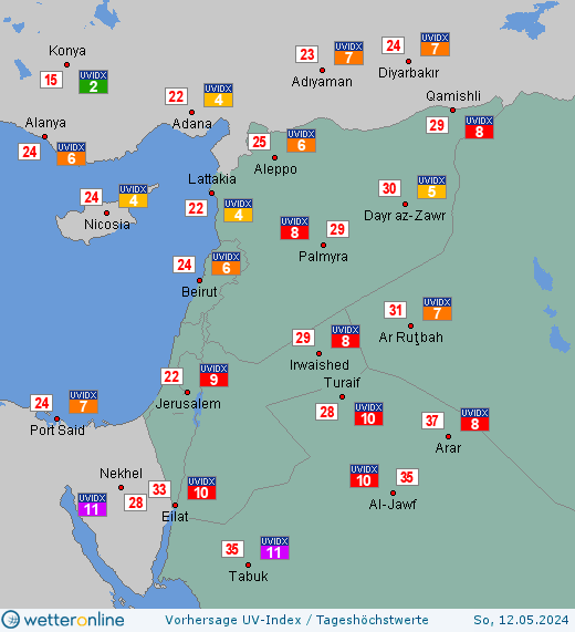 Naher Osten: UV-Index-Vorhersage für Mittwoch, den 17.04.2024