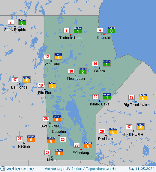 Manitoba: UV-Index-Vorhersage für Mittwoch, den 17.04.2024
