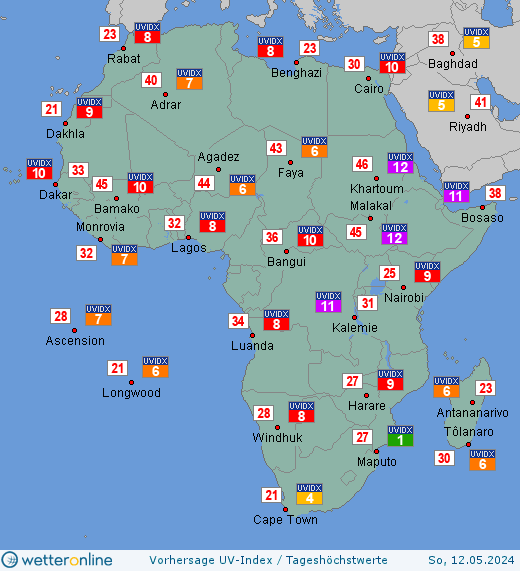 Afrika: UV-Index-Vorhersage für Mittwoch, den 17.04.2024