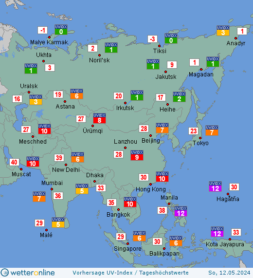 Asien: UV-Index-Vorhersage für Mittwoch, den 17.04.2024