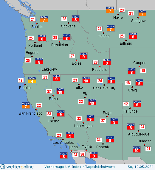 US-Westküste: UV-Index-Vorhersage für Donnerstag, den 18.04.2024