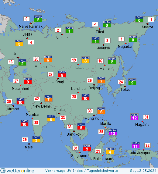 Asien: UV-Index-Vorhersage für Donnerstag, den 18.04.2024