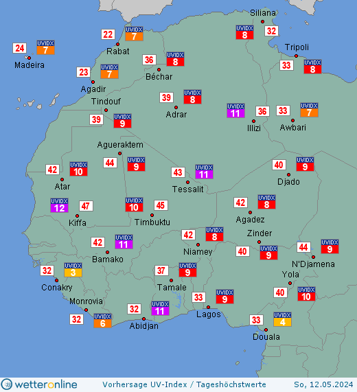 Westafrika: UV-Index-Vorhersage für Freitag, den 19.04.2024