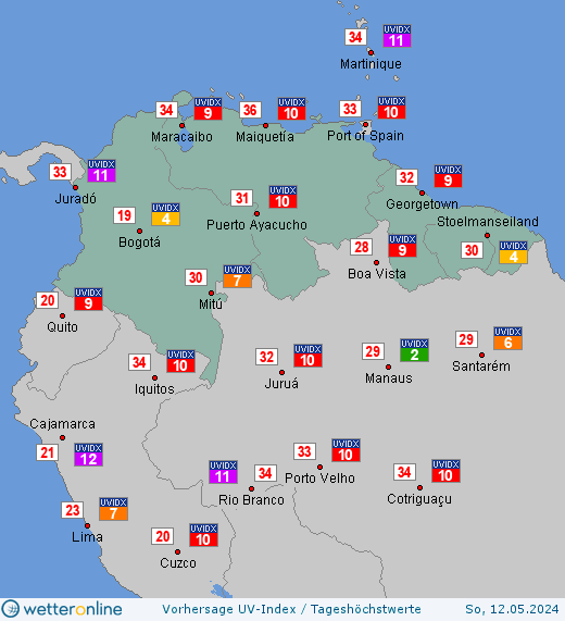 Nördliches Südamerika: UV-Index-Vorhersage für Freitag, den 19.04.2024