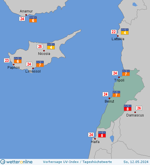 Libanon: UV-Index-Vorhersage für Freitag, den 19.04.2024