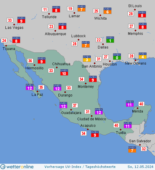 Mexiko: UV-Index-Vorhersage für Freitag, den 19.04.2024
