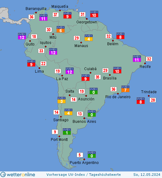Südamerika: UV-Index-Vorhersage für Freitag, den 19.04.2024