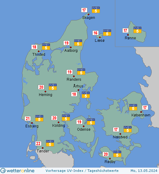 Dänemark: UV-Index-Vorhersage für Samstag, den 20.04.2024