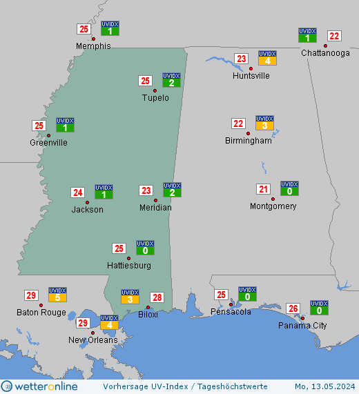 Mississippi: UV-Index-Vorhersage für Samstag, den 20.04.2024