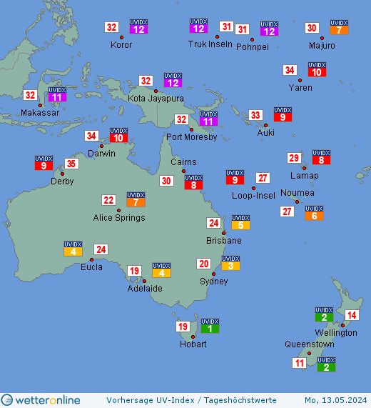 Ozeanien: UV-Index-Vorhersage für Samstag, den 20.04.2024