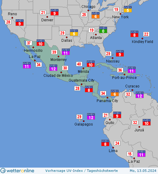 Mittelamerika: UV-Index-Vorhersage für Samstag, den 20.04.2024