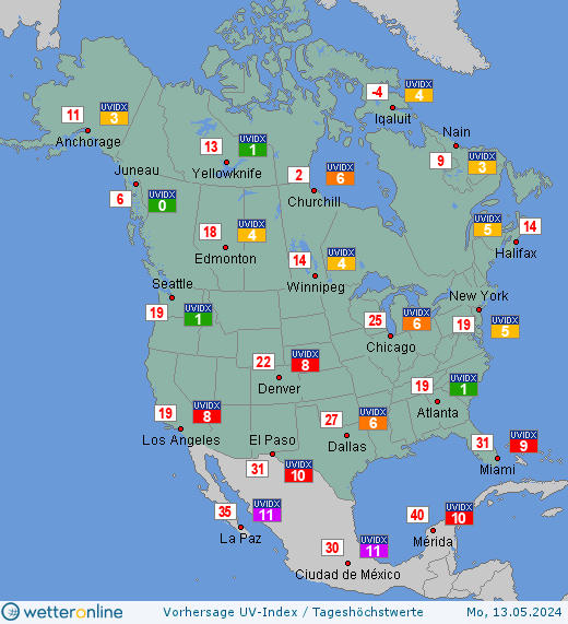 Nordamerika: UV-Index-Vorhersage für Samstag, den 20.04.2024