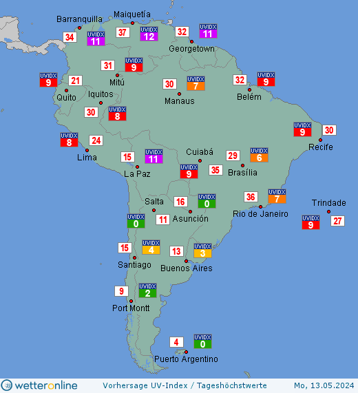 Südamerika: UV-Index-Vorhersage für Samstag, den 20.04.2024