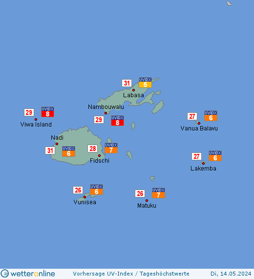 Fidschi-Inseln: UV-Index-Vorhersage für Sonntag, den 21.04.2024