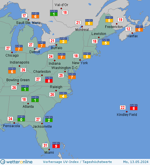 US-Ostküste: UV-Index-Vorhersage für Dienstag, den 23.04.2024