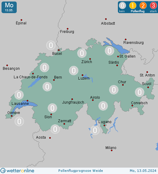 Schweiz: Pollenflugvorhersage Weide für Dienstag, den 23.04.2024