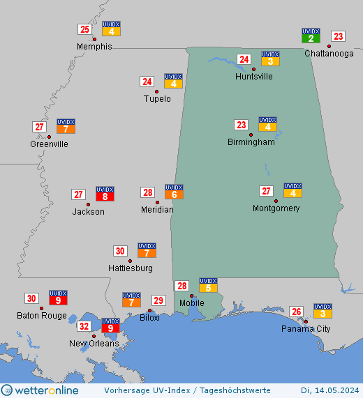 Alabama: UV-Index-Vorhersage für Dienstag, den 23.04.2024