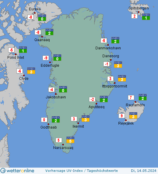 Grönland: UV-Index-Vorhersage für Dienstag, den 23.04.2024