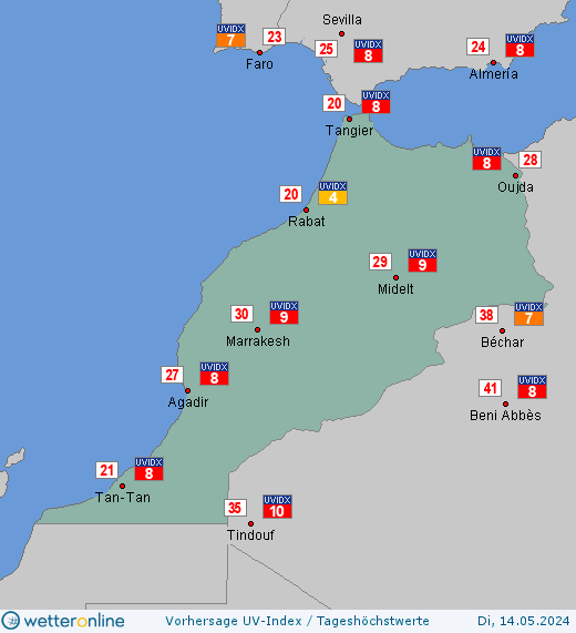 Marokko: UV-Index-Vorhersage für Dienstag, den 23.04.2024