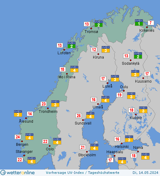 Norwegen: UV-Index-Vorhersage für Dienstag, den 23.04.2024