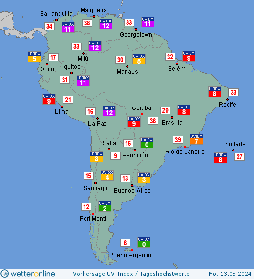 Südamerika: UV-Index-Vorhersage für Dienstag, den 23.04.2024