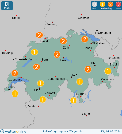 Schweiz: Pollenflugvorhersage Wegerich für Mittwoch, den 24.04.2024