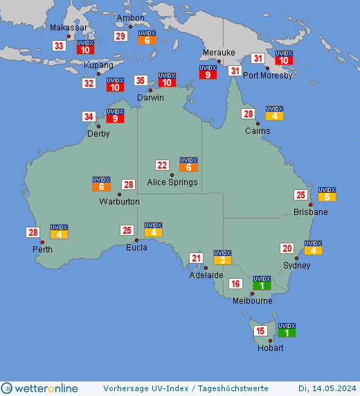 Australien: UV-Index-Vorhersage für Mittwoch, den 24.04.2024