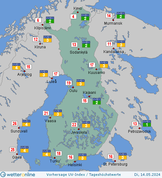 Finnland: UV-Index-Vorhersage für Mittwoch, den 24.04.2024
