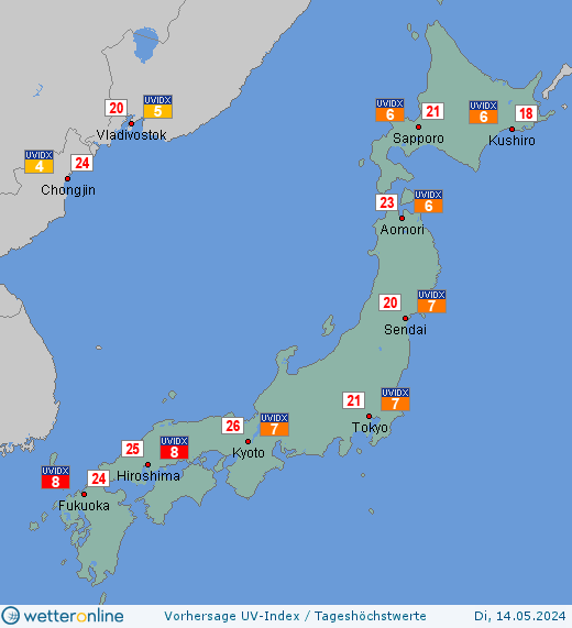 Japan: UV-Index-Vorhersage für Mittwoch, den 24.04.2024