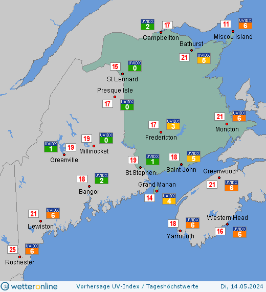 New Brunswick: UV-Index-Vorhersage für Mittwoch, den 24.04.2024