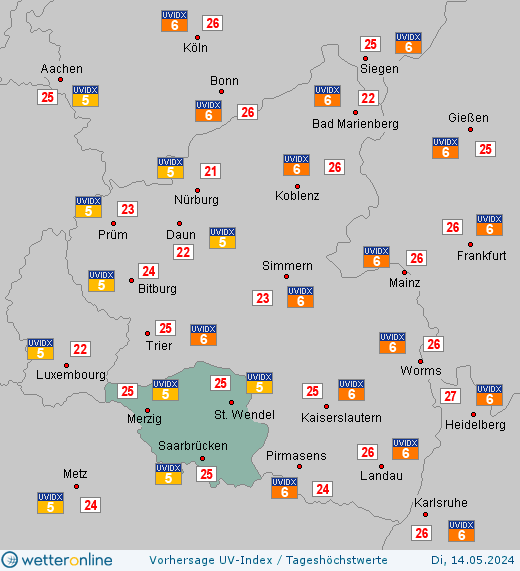 Saarland: UV-Index-Vorhersage für Mittwoch, den 24.04.2024